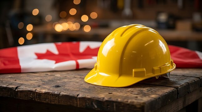 Yellow hard hat placed on a rustic wooden work surface with a blurred canadian flag behind safety first construction canadian
