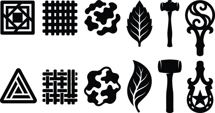 Traditional leather crafting mallets and artisan design pattern stamp punches black silhouettes isolated on pure white background