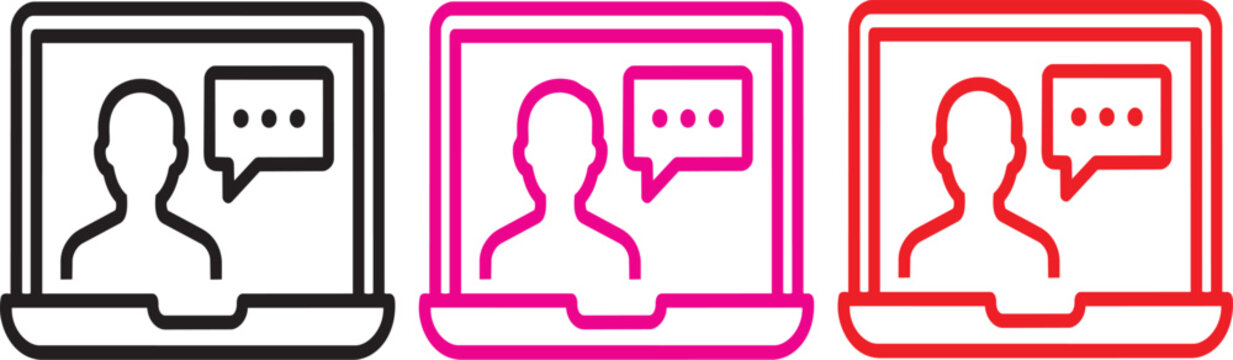 Minimalist laptop computer icons showing online communication with user avatars displayed on transparent background