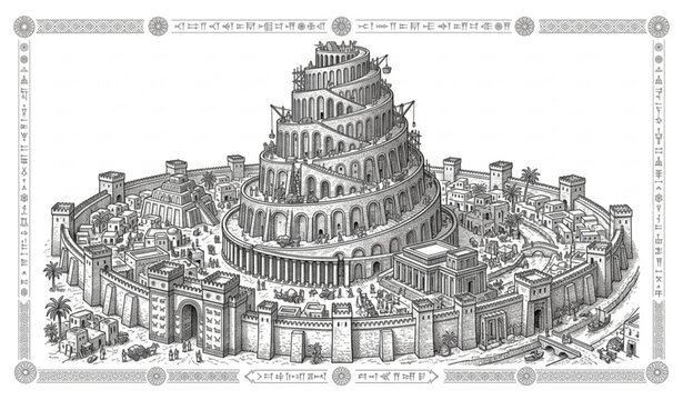 Ancient Tower of Babel Babylon City Hand Drawn Sketch Archaeology History Vector Illustration