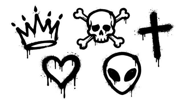 Graffiti style icon set with crown skull cross heart and alien