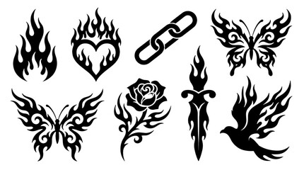 Obraz premium Set of black tribal tattoo symbols with flames butterfly and rose
