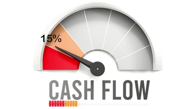 Cash flow meter showing falling values of cash flow. Diminishing to minimum, reaching zero, below the norm. Lack of cash flow. No AI, made by humans for humans.