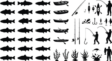 Collection of black silhouette fishing fish, boats, rods, people, and gear salmon trout bass © GT Designs