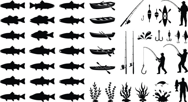 Collection of black silhouette fishing fish, boats, rods, people, and gear salmon trout bass