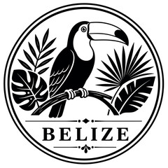 Obraz premium Belize Stamp with Toucan and Tropical Leaves