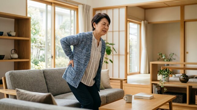 ソファから立ち上がる時に腰の痛みを訴えるシニア女性