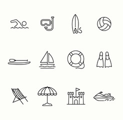 Beach and ocean icons including swimming surfboard volleyball scuba diving kayak sailing lifebuoy flippers beach chair umbrella sandcastle jet ski © Shine