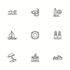 Beach vacation icons set including swimming snorkeling surfing sailboat lifebuoy flippers beach chair sandcastle and waves  isolated on transparent background © Shine