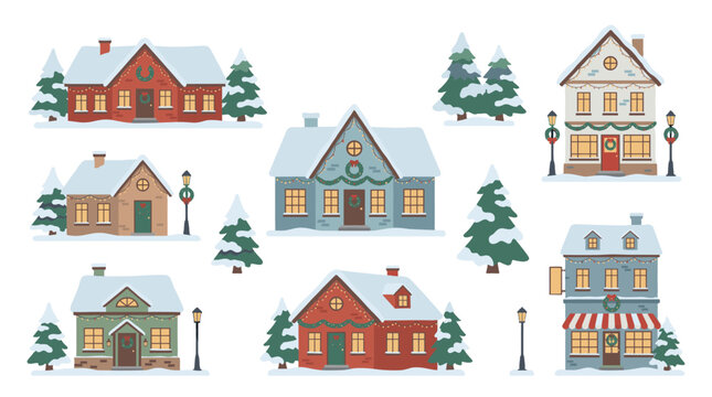 Set of snowy decorated houses and pine trees in flat vector style