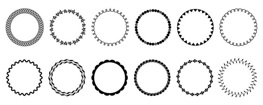 Collection of round doodle frames and borders featuring stars, dots, flags, ropes, and leaves on a transparent background.