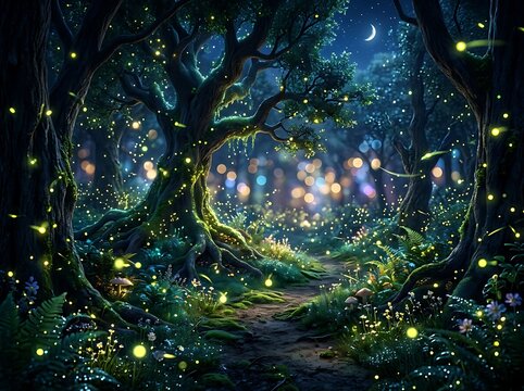 Enchanted Forest Path with Glowing Fireflies at Night.
