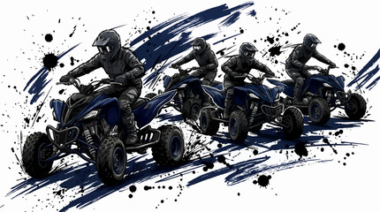 Four ATV Riders in Full Gear Racing, Dynamic Action Illustration with Paint Splatter and Brush Strokes on White Background, Graphic Resource © titin