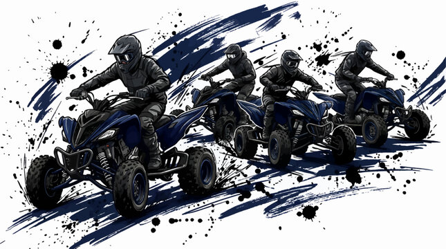 Four ATV Riders in Full Gear Racing, Dynamic Action Illustration with Paint Splatter and Brush Strokes on White Background, Graphic Resource