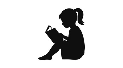 Black silhouette girl reading book, sitting child icon, reading girl vector, kid with book isolated on White Background Silhouette