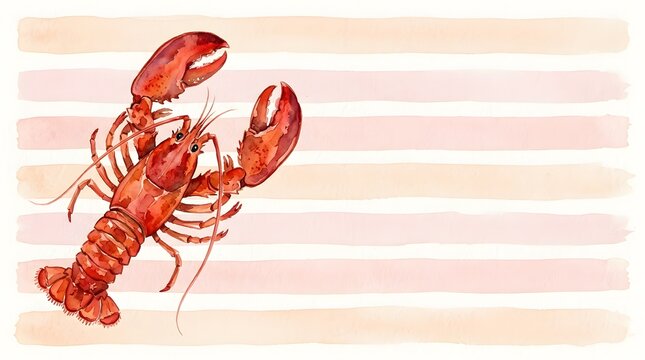 Watercolor illustration of a red lobster on a background of soft pastel pink and peach horizontal stripes