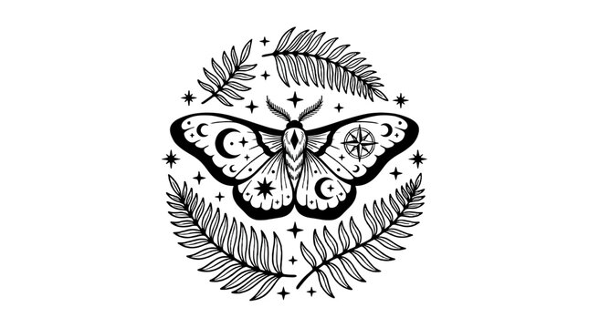 Decorative moth with celestial symbols and fern leaves