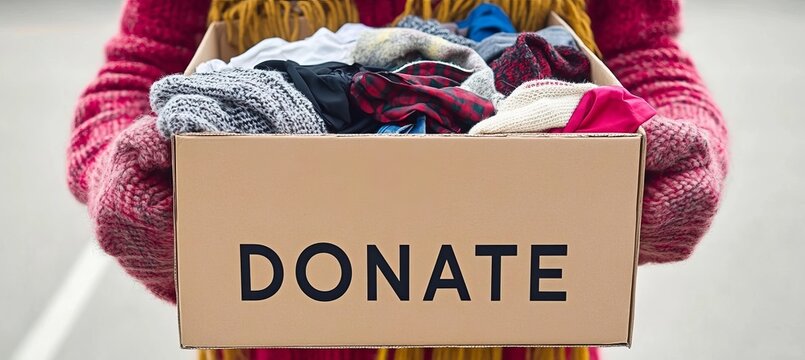 Woman Wearing Red Mittens Holding A Cardboard Box Full Of Donated Clothing Giving For Charity Work