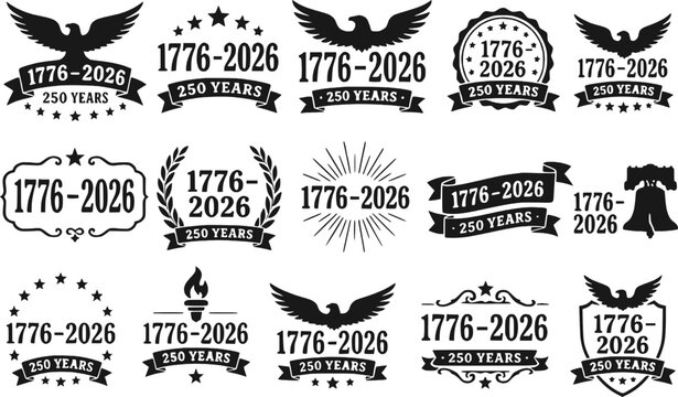 USA 1776 2026 anniversary badge eagle star laurel sunburst liberty bell torch shield ribbon 250 years silhouettes vector set isolated