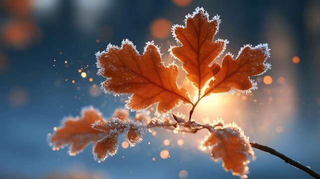 Beautiful brown oak leaves covered in first early winter hoarfrost with soft golden bokeh background
