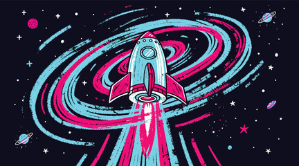 Retro Style Rocket Ship Launching into Vibrant Swirling Galaxy, Space Exploration Concept Art © Azkama