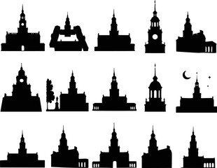 Fototapeta premium Independence Hall Philadelphia clock tower steeple aerial night moon tree statue arch silhouettes vector set isolated