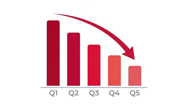Decreasing Bar Chart with Red Arrow, Quarterly Data Trend