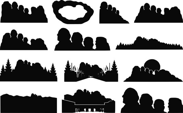 Mount Rushmore national memorial presidents rock pine forest flag avenue sun aerial silhouettes vector set isolated