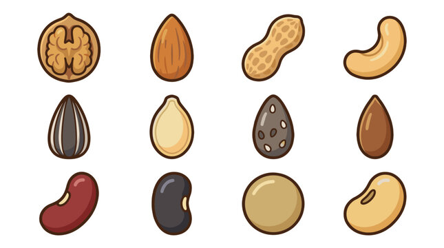 Set of assorted nuts, seeds, and beans in cartoon style