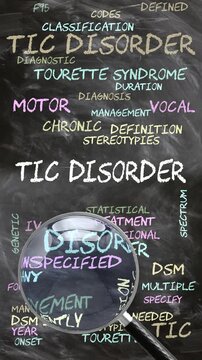 Tic Disorder being studied, examined - under close inspection. Most important subjects and ideas closely related to tic disorder written on a blackboard inspected by a magnifying glass. Can be looped