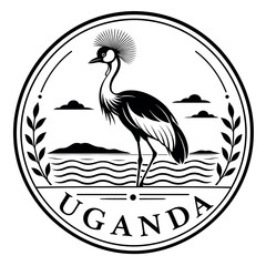 Obraz premium Uganda national emblem with crested crane, landscape, and text