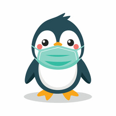 Obraz premium Cute cartoon penguin wearing a protective face mask
