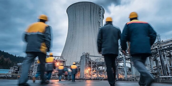 Industrial nuclear power plant team of engineers walking toward cooling towers during energy survey