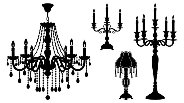Black silhouette set of chandelier candelabras and table lamp