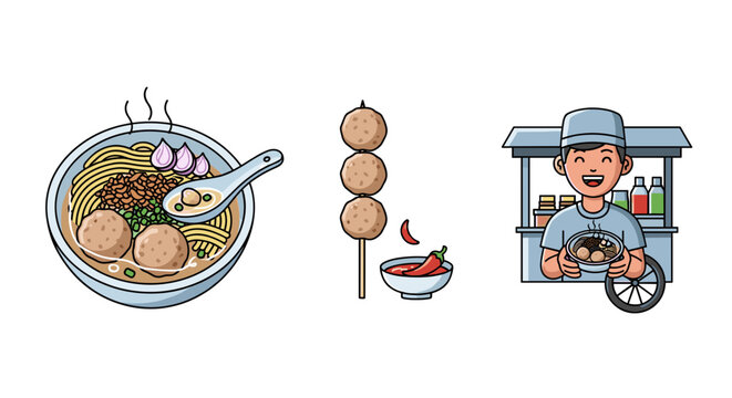 Vibrant Indonesian street food illustrations a steaming bakso bowl, savory skewered meatballs, and a happy vendor, capturing local cuisine