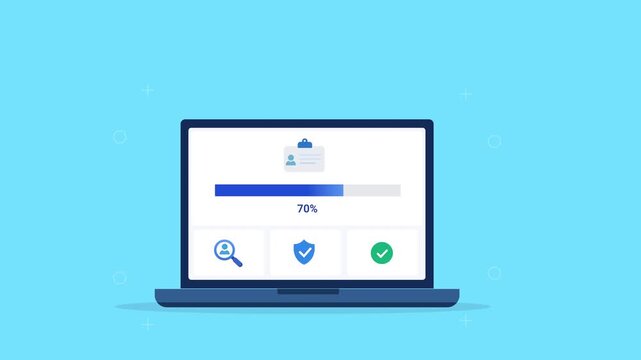 Modern flat vector animation of a laptop displaying a cloud security dashboard with search, protection, upload, and progress bar. Ideal for cloud computing, cybersecurity, software, and web technology
