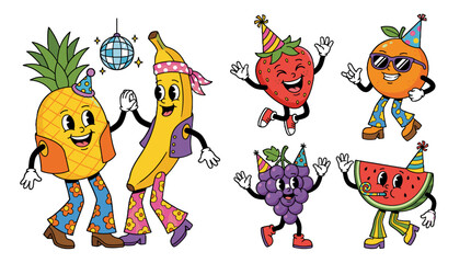 Fototapeta premium Cartoon fruit characters dancing at a party in retro outfits