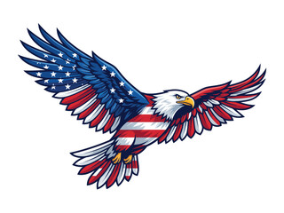 Obraz premium Majestic bald eagle flying with united states flag pattern on wings and body as a symbol of freedom