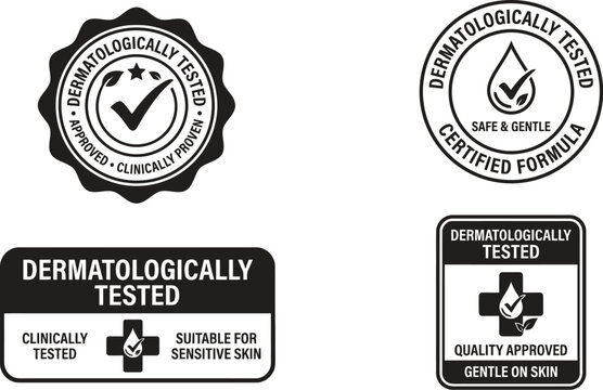 Set of vector illustrations for cosmetic or medical products showing dermatologically tested clinically approved suitable for sensitive skin.