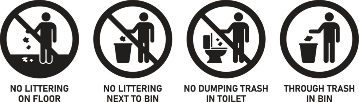 Four prohibition signs illustrating correct waste disposal behavior no littering on floor no littering next to bin no dumping trash in toilet and trash through bin.