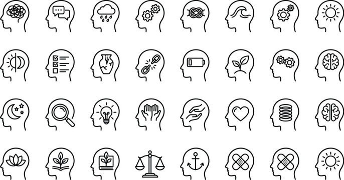 Mental health line icon collection featuring human head silhouettes with various psychological states brain function emotions growth balance and healing.