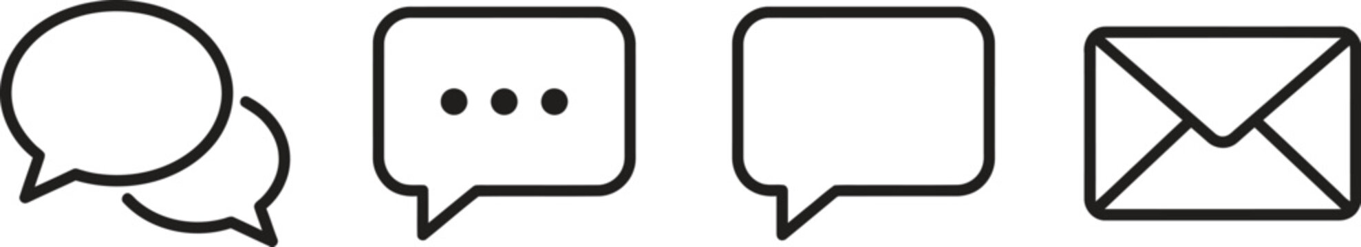 Simple communication icons set showing speech bubbles with dots plain chat clouds and an envelope representing email and messaging services for web design.