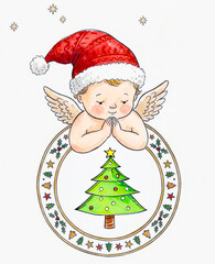 Obraz premium Watercolor drawing of a sweet little christmas angel with wings wearing a red santa hat praying over a decorated green christmas tree inside a circular frame. Christmas card