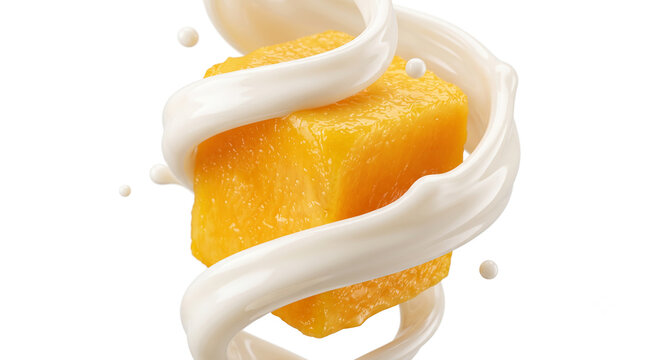 Distant shot of a mango cube wrapped in a silky white condensed milk stream