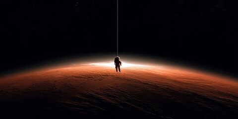 Fototapeta premium Astronaut performing a space walk above the red surface of Mars in a cinematic outer space setting.
