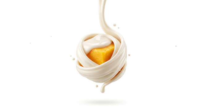 Distant shot of a mango cube wrapped in a silky white condensed milk stream