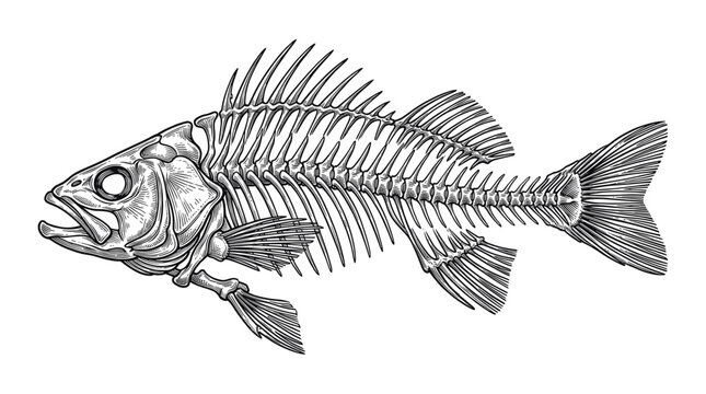 Fish Skeleton Anatomy Vintage Engraved Ink Illustration
