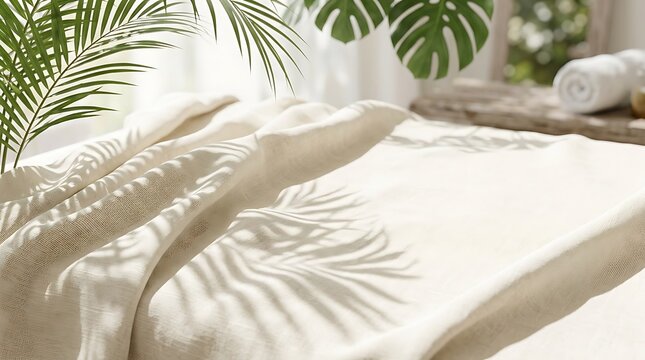 Close up of white bed with tropical leaf shadows