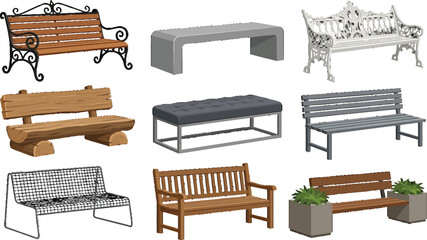 Fototapeta premium Set of various park and garden benches including wooden metal and stone designs in vector illustration style