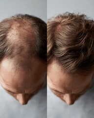 Fototapeta premium Male hair restoration before and after shown from above in a split comparison. Visible improvement in hair density and scalp coverage for hair clinics, dermatology and cosmetic advertising